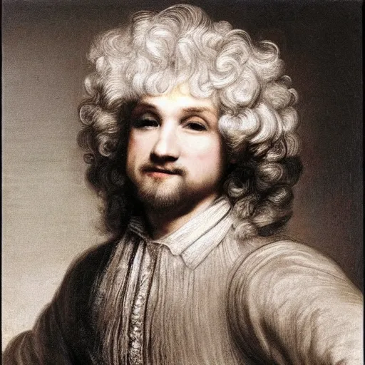 Prompt: a male dolly parton showing off his long fluffy blond curly hair by rembrandt