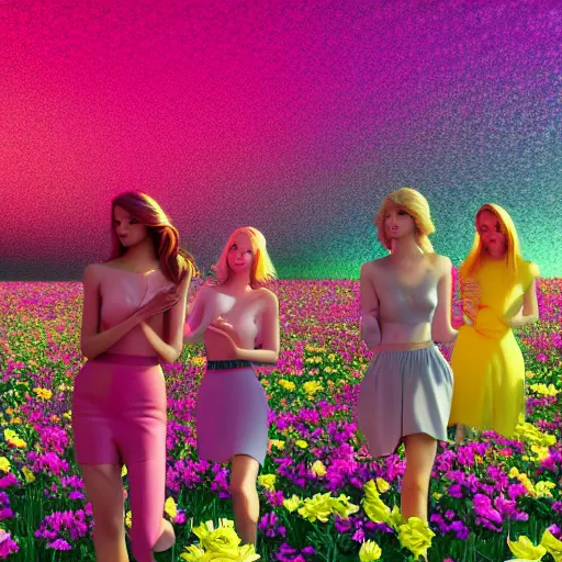 Prompt: group young ladies lost in a giant flower garden, pinks, gold in the style of cyberpunk glitch painting, octane render, 8k