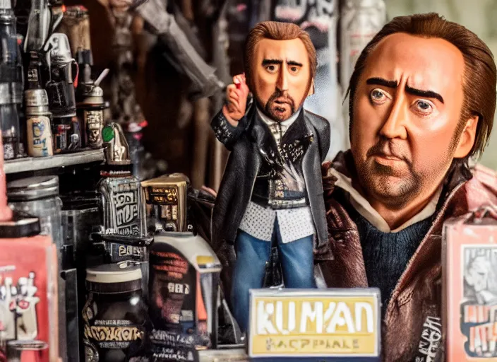Prompt: product still of Nic Cage funko pop with box, 85mm f1.8