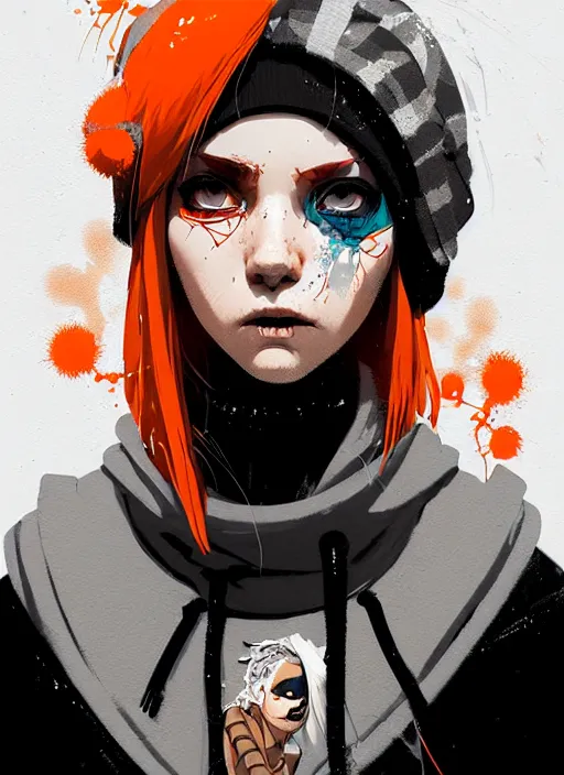 Image similar to highly detailed closeup portrait of a sewer punk lady student, tartan hoodie, white hair by atey ghailan, by greg rutkowski, by greg tocchini, by james gilleard, by joe fenton, by kaethe butcher, gradient, orange, black, brown and cream color scheme, grunge aesthetic!!! white graffiti tag wall background