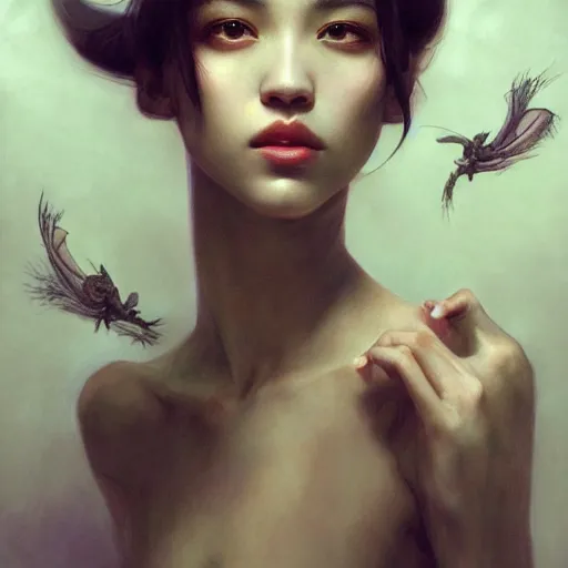 Prompt: Kiko Mizuhara, physically accurate, dynamic lighting, intricate, elegant, highly detailed, digital painting, artstation, HR GIGER, Hieronymus Bosch, Francis Bacon, concept art, smooth, sharp focus, illustration, art by artgerm and greg rutkowski and alphonse mucha