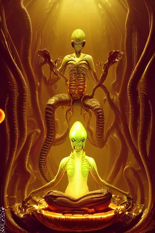 Image similar to glistening elegant queen empress xenomorph alien meditating lotus position surrounded by glowing slimy alien eggs, inside an alien temple shrine. in the style of aliens, by weta workshop, james cameron, h. r. giger, beautiful octane render, extremely intricate, epic composition, cinematic lighting, masterpiece, trending on artstation, cinematic dramatic atmosphere, matte painting