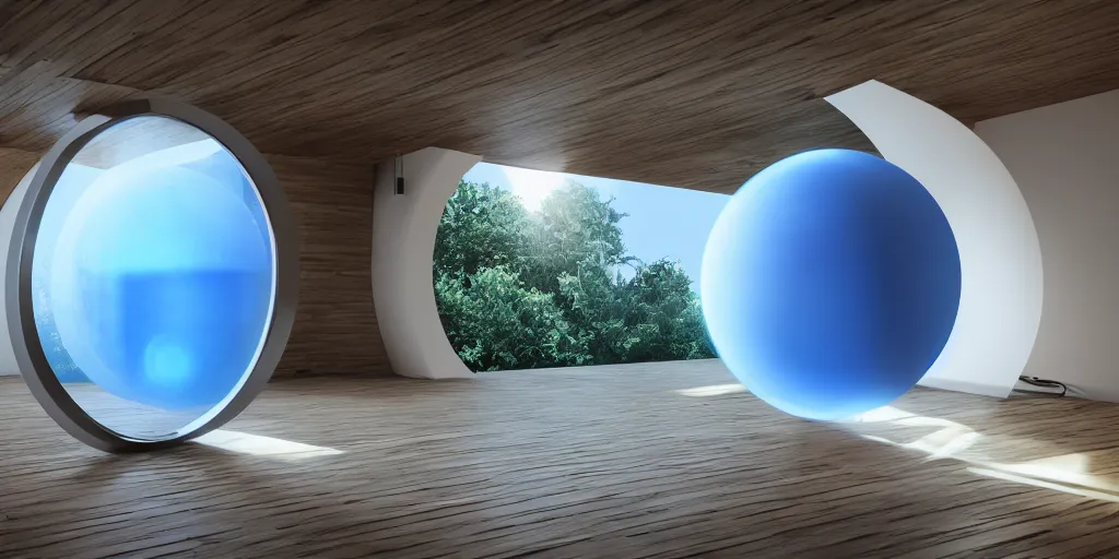 Prompt: Light minimalistic interior with a portal with blue flying mountains inside and a sphere in the center, rays of volumetric light, high realistic, cinematic, 8k