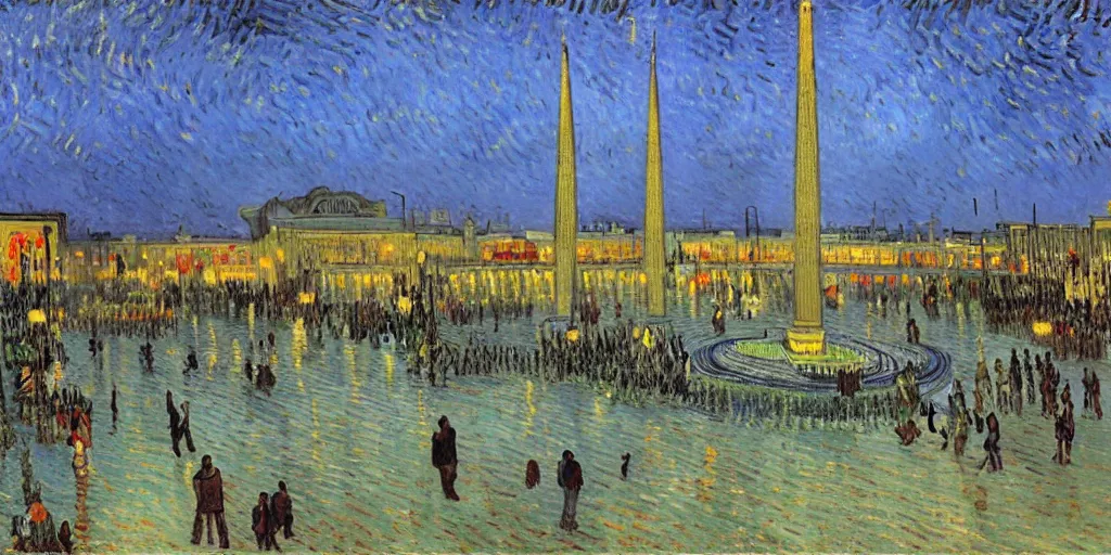 Image similar to painting of azadi square, tehran, early morning, cloudy, by van gogh