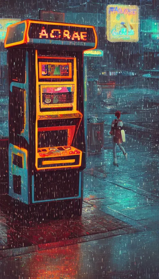 Prompt: arcade cabinet asking for coins in the rain, sharp focus, james gilleard, cinematic, game art, extremely detailed digital painting, print