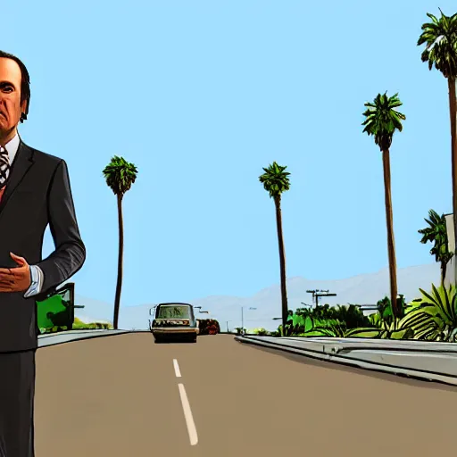 Image similar to Saul Goodman in GTA V . Los Santos in the background, palm trees. In the art style of Stephen Bliss.