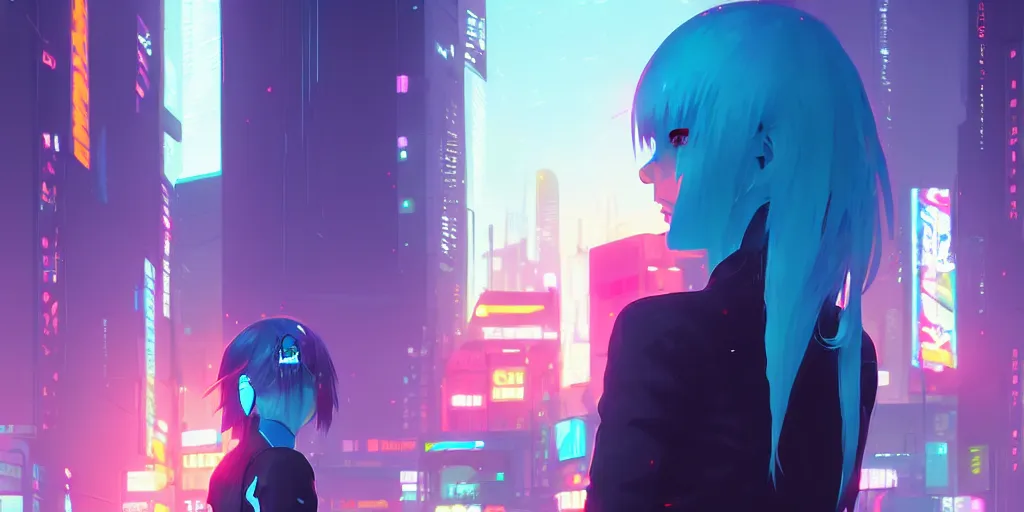 Image similar to digital illustration closeup of cyberpunk pretty girl with blue hair in city street at night by makoto shinkai, ilya kuvshinov, lois van baarle, rossdraws, basquiat