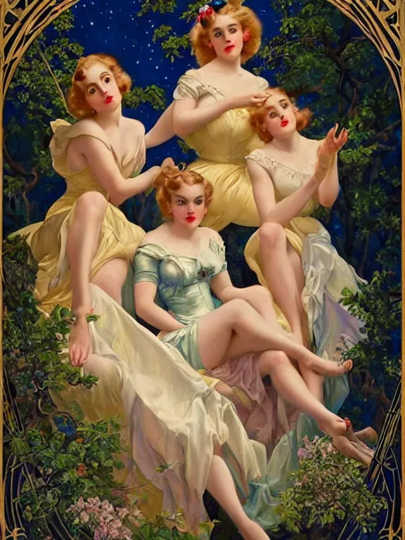 Image similar to Kiernan shipka as the three graces, a beautiful art nouveau portrait by Gil elvgren, Moonlit forest environment, centered composition, defined features, golden ratio, silver jewelry