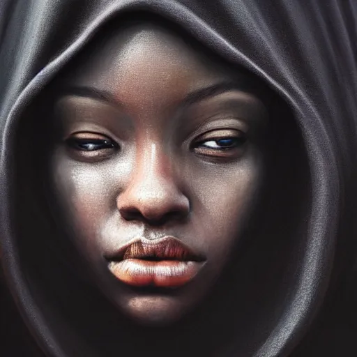 Image similar to a portrait of a young black woman wearing a long dark cloak, hood and shadows covering face, anatomically correct, beautiful perfect face, enigmatic, oil painting, matte painting, black background, Volumetric dynamic lighting, Highly Detailed, Cinematic Lighting, Unreal Engine, 8k, HD, by Beksinski