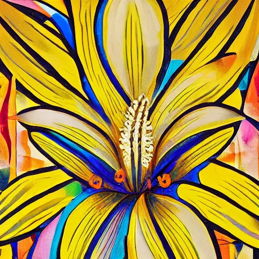 Image similar to an abstract and detailed painting of a lilies buke made out of geometric shapes, using partly gold paint