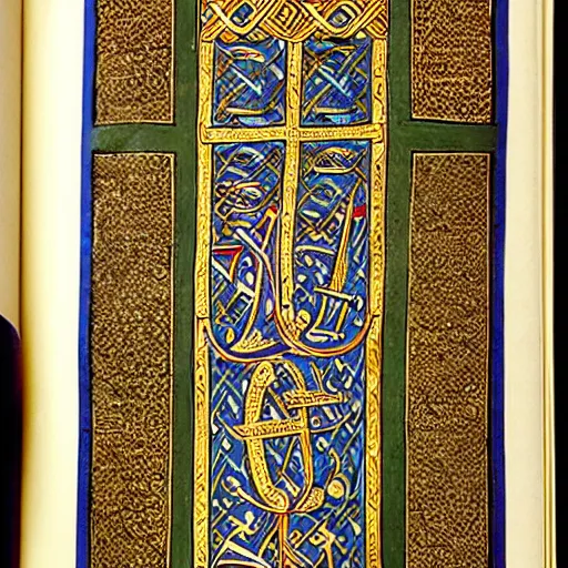 Prompt: The Book of Kells (c. 800 CE) is an illuminated manuscript of the four gospels of the Christian New Testament, currently housed at Trinity College, Dublin, Ireland. The work is the most famous of the medieval illuminated manuscripts for the intricacy, detail, and majesty of the illustrations. It is thought the book was created as a showpiece for the altar, not for daily use, because more attention was obviously given to the artwork than the text.