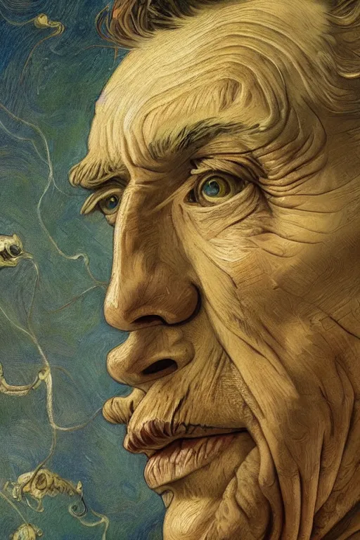 Image similar to realistic detailed portrait of van goh by denis villeneuve, amano, yves tanguy, alphonse mucha, ernst haeckel, max ernst, roger dean, ridley scott, dynamic closeup