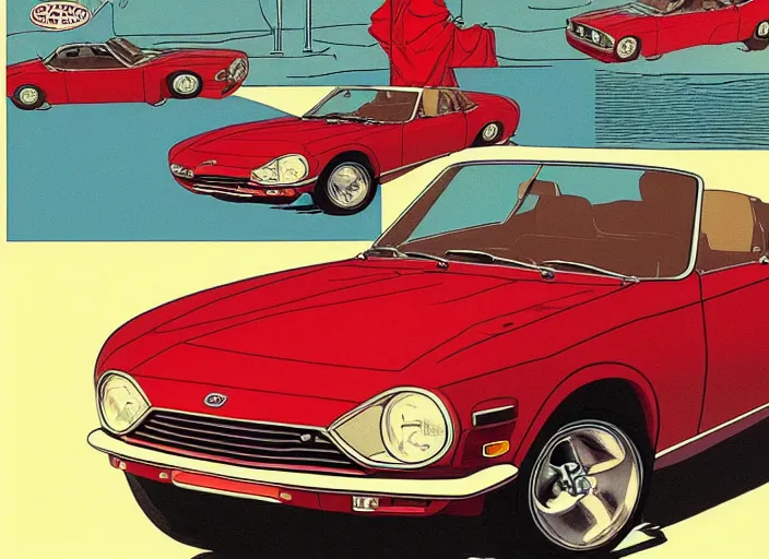 Image similar to highly detailed 1 9 6 9 red datsun fairlady roadster, retro minimalist art by jean giraud, moebius starwatcher comic, sharp, 8 k