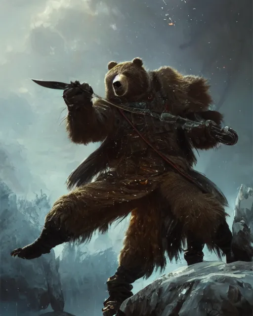 Prompt: oil painting of Anthropomorphized Bear General in Battle, wearing fur cloak, sharp focus, holding Sabre, fantasy style, octane render, volumetric lighting, 8k high definition, by greg rutkowski, highly detailed, trending on art Station, magic the gathering artwork, Battlefield backround, centered