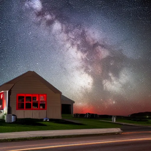 Prompt: late night diner, viewed from the outside, background milky way in the sky