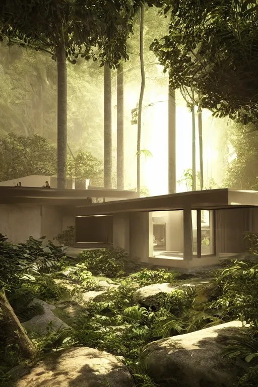 Image similar to architecture inspired by le corbusier in the rainforest. octane render. global illumination. atmospheric. photorealistic. warm colors.