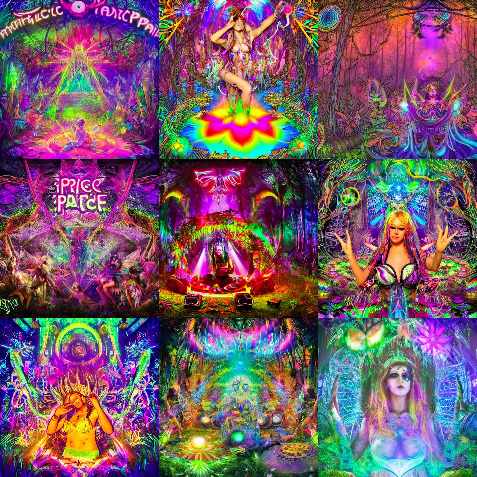 Prompt: psychedelic trance party in a magical forest, dj on stage, loud music from huge speakers, so many people dancing, fairies, music, neon lights, smoke, wide angle shot, realistic, surrelaistic, mucha, lisa frank