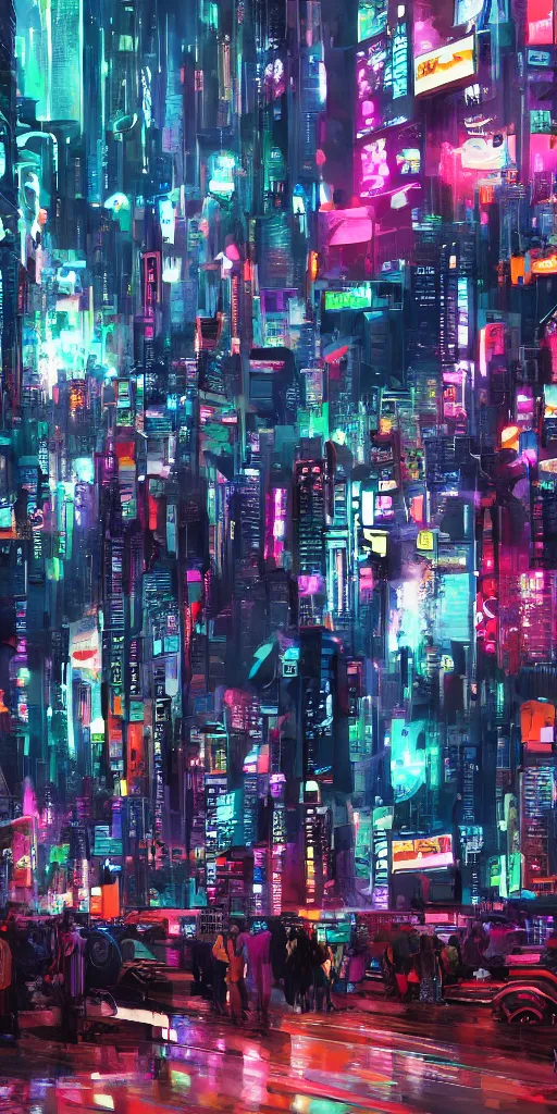 Prompt: photo of futuristic paintings displayed on big screen in cyberpunk city, enormously detailed, digital painting