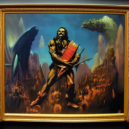 Image similar to wizard surrounded by crt televisions, oil on canvas, frank frazetta, john williams