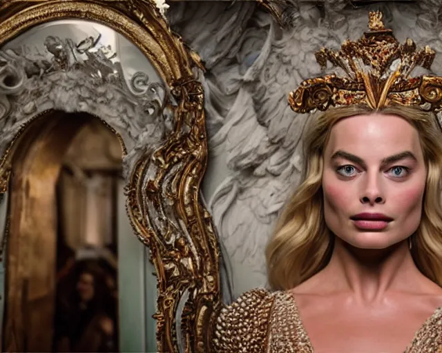 Image similar to Margot robbie as a goddess in heaven, Photography, Cinematic, Portrait, insanely detailed and intricate, hypermaximalist, elegant, ornate, hyper realistic, super detailed