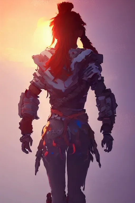 Image similar to combination suit armor aloy horizon forbidden west horizon zero dawn radiating a glowing aura global illumination ray tracing hdr fanart arstation by ian pesty and alena aenami artworks in 4 k tribal robot ninja mask helmet backpack