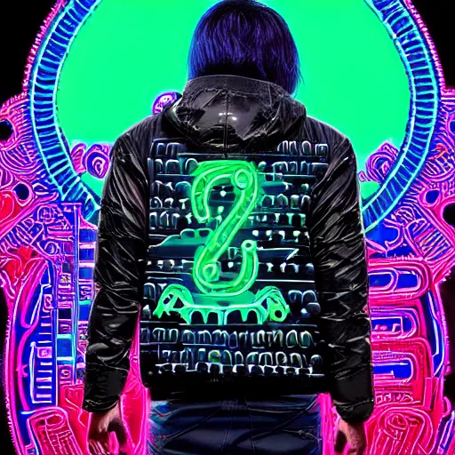 Image similar to detailed quetzalcoatl portrait Neon Operator, cyberpunk futuristic neon, reflective puffy coat, decorated with traditional mayan ornaments by Ismail inceoglu dragan bibin hans thoma !dream detailed portrait Neon Operator Girl, cyberpunk futuristic neon, reflective puffy coat, decorated with traditional Japanese ornaments by Ismail inceoglu dragan bibin hans thoma greg rutkowski Alexandros Pyromallis Nekro Rene Maritte Illustrated, Perfect face, fine details, realistic shaded, fine-face, pretty face