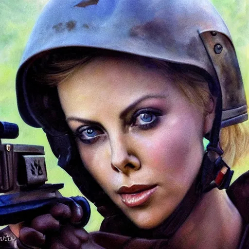 Image similar to ultra realistic portrait painting of charlize theron playing paintball, art by frank frazetta, 4 k, ultra realistic, highly detailed, epic lighting.