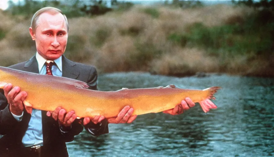 Image similar to 7 0 s movie still of putin catching a salmon with his hands, cinestill 8 0 0 t _ 3 5 mm eastmancolor, heavy grain, high quality, high detail