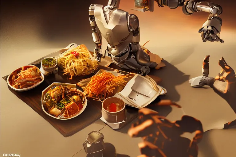 Image similar to a robot is eating an Asian food, 4k, ultra details, cinematic, epic style, beautiful photo, hyper realistic, octane render, unreal engine, award winning, on artstation, volumetric lightning, masterpiece, golden hour,