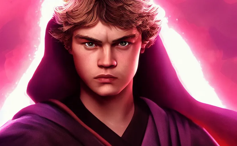 Prompt: a portrait of anakin skywalker looking angrily into the camera wielding a purple lightsaber, detailed, cinematic, raytracing, realistic