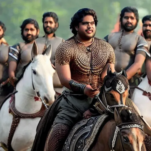 Image similar to tanmay bhat in bahubali ~ on a horse ~