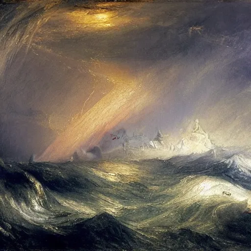 Image similar to A painting of a ship at sea, in a storm, by J.M.W. Turner