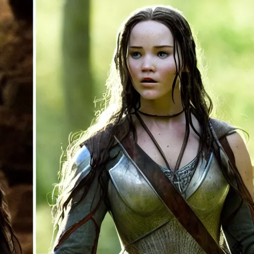 Prompt: first photos of female lotr, jennifer lawrence as aragorn, megan fox as aragorn and florence pugh as gimli, ( eos 5 ds r, iso 1 0 0, f / 8, 1 / 1 2 5, 8 4 mm, postprocessed, crisp face, facial features )