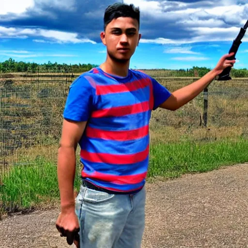 Image similar to Young man standing looking to the right in a red bandana, blue striped shirt, gray vest and a gun with a partly cloudy sky in the background. The young man is standing in front of an iron fence. Photograph. Real life