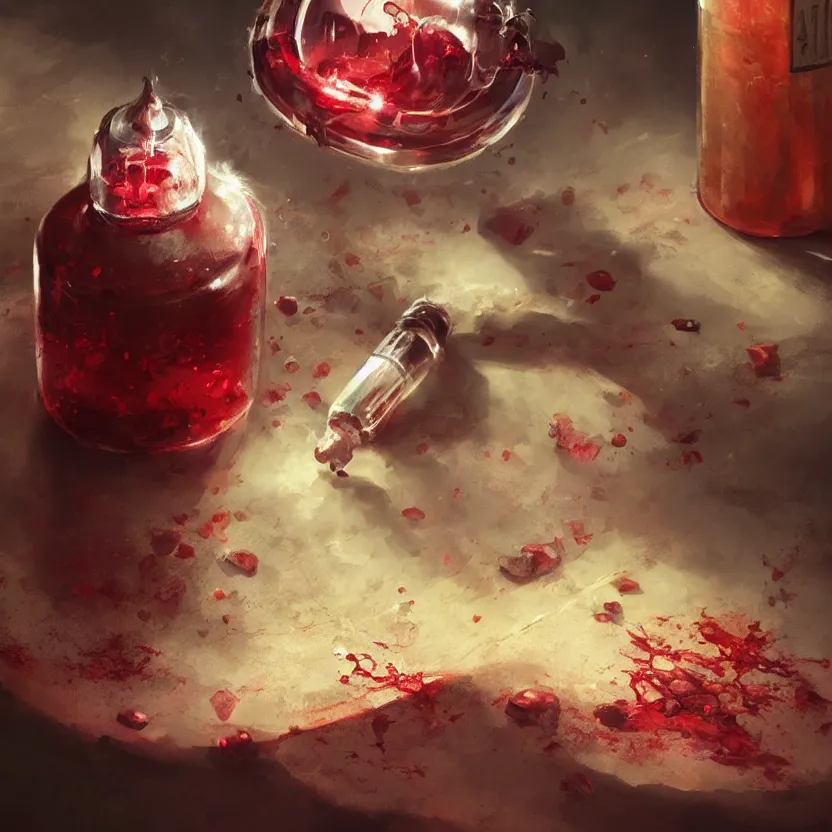 Image similar to a beautiful painting illustration of a health potion, scratched vial, crimson, by greg rutkowski, featured on artstation, rpg item