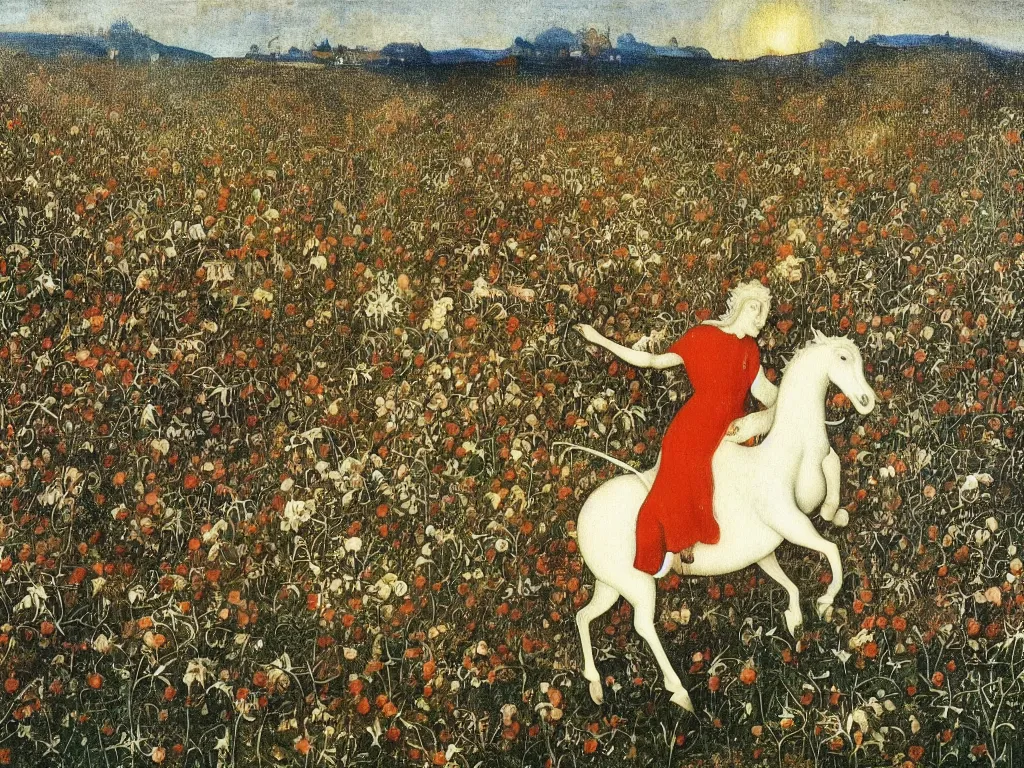 Prompt: White flaming devil running in the flower field, holding the world in his raised arms. Shadows loom over the land. Painting by Bosch, Bekinski