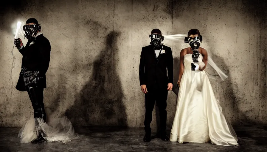 Image similar to disturbing big budget hollywood movie bride and groom wearing gas masks at the marriage of reason and squalor perfect composition dramatic lighting chiaroscuro