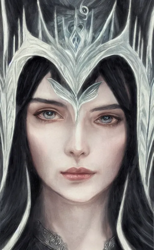 Prompt: luthien, princess of doriath, fairest maiden to have ever lived, stunningly beautiful, black hair, elven, beautiful eyes, portrait, artstation, wonderful lighning