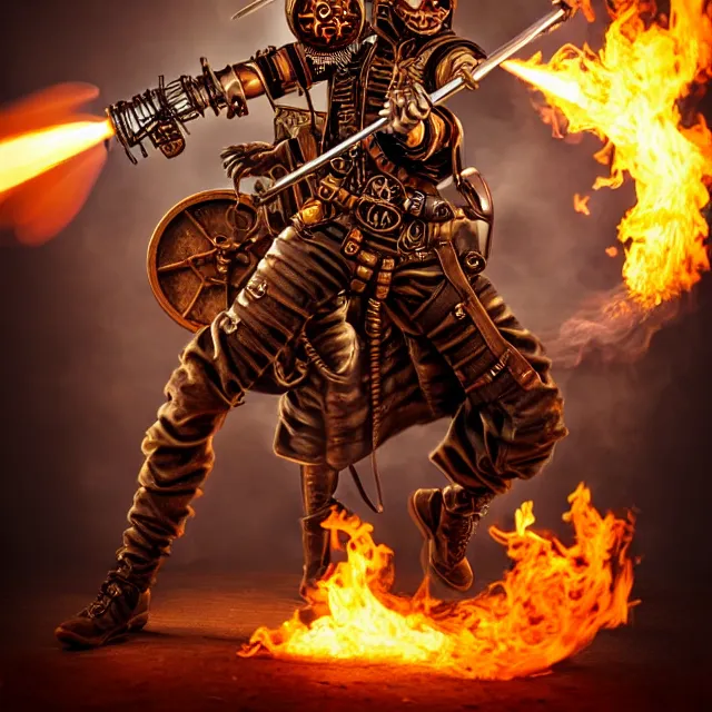 Prompt: steampunk warrior with a flamethrower, highly detailed, 4 k, hdr, smooth, sharp focus, high resolution, award - winning photo, anne stokes, photorealistic