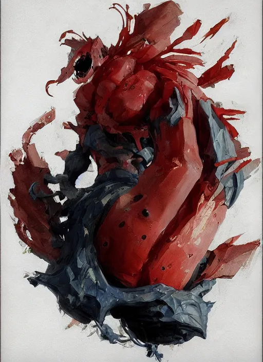 Image similar to semi reallistic gouache gesture painting, by yoshitaka amano, by ruan jia, by Conrad roset, by dofus online artists, detailed anime 3d render watermelon monster, watermelon terrible monster, antrophomorfic watermelon, portrait, cgsociety, artstation, rococo mechanical, Digital reality, sf5 ink style, dieselpunk atmosphere, gesture drawn