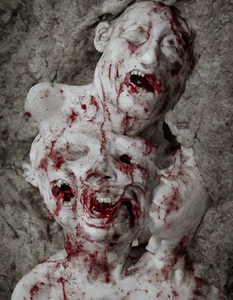 Prompt: woman marble statue, horror, bloody face, long teeth, trailcam