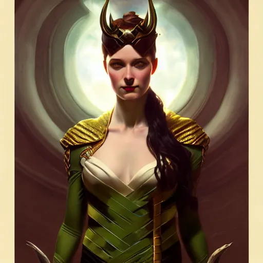 Prompt: of a female Loki, dark fantasy, medium shot, intricate, ornate, elegant, highly detailed, digital painting, volumetric light, artstation, concept art, smooth, sharp focus, illustration, art by Gil Elvgren and Charlie Bowater and Greg Rutkowski and Alphonse Mucha