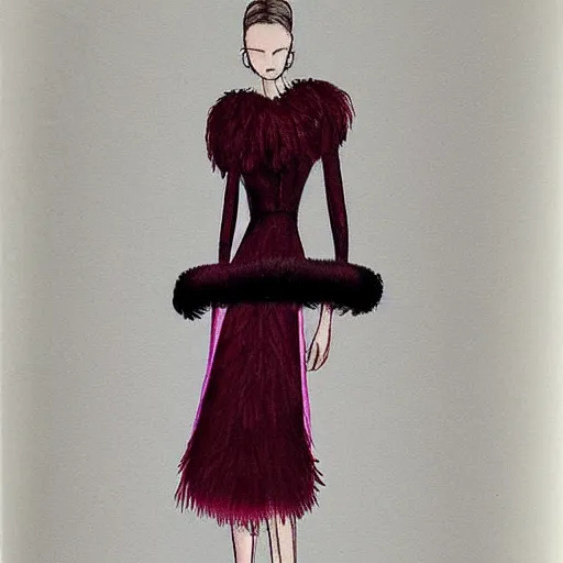 Prompt: a light feminine dress made of feathers and burgundy fur, fashion sketch by karl lagerfeld