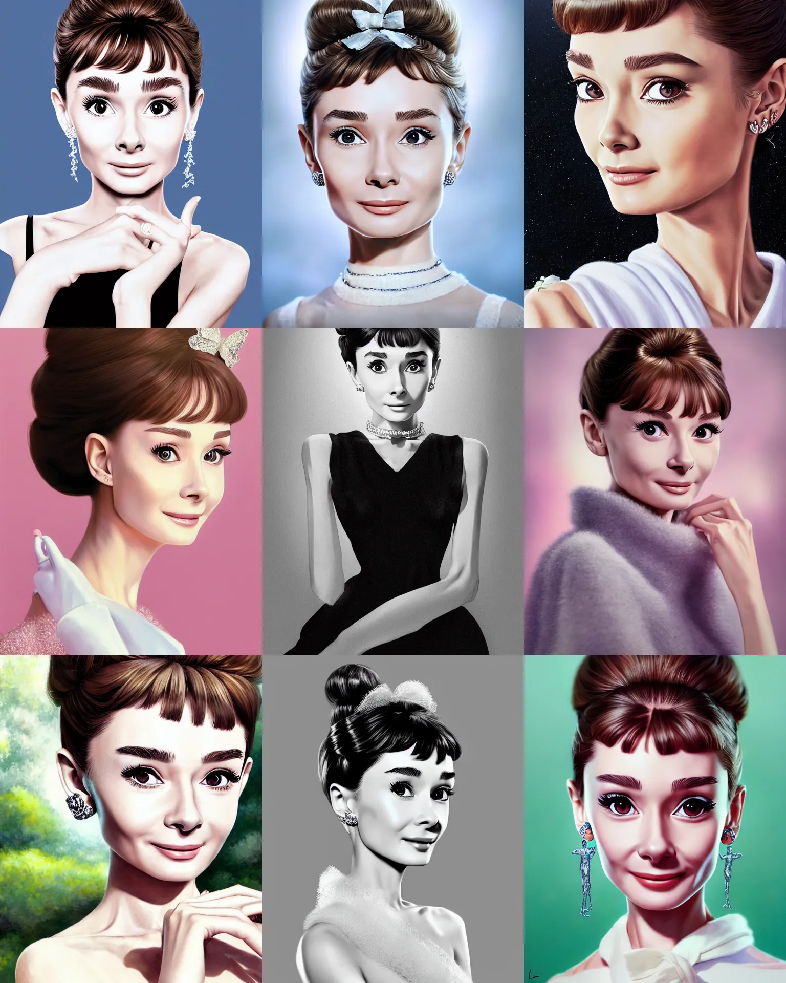 Prompt: highly detailed portrait of audrey hepburn, by range murata and leyedencker and wlop, perfect infinite detail and detailed hands, dynamic pose, dreamy scenery background, global illumination, radiant light, detailed intricate environment