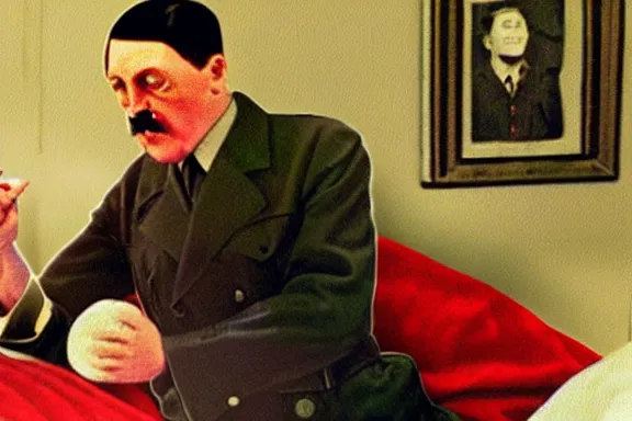 Prompt: hitler in bed playing the wii