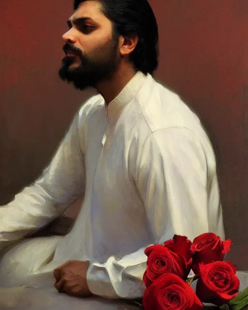 Prompt: a guy in a kurta waiting for his love to come, holding roses, art by greg rutkowski, gustave courbet, rosa bonheur, edward hopper. faithfully depicted facial expression, perfect anatomy, sharp focus, global illumination, radiant light, detailed and intricate environment, trending on artstation