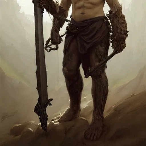 Image similar to portrait of a gruff ranger carrying the holy lance of longinus, Cain, muscular, hairy torso, a wolfish dog at his feet, intricate, elegant, highly detailed, digital painting, artstation, concept art, matte, sharp focus, illustration, art by Artgerm and Greg Rutkowski and Alphonse Mucha