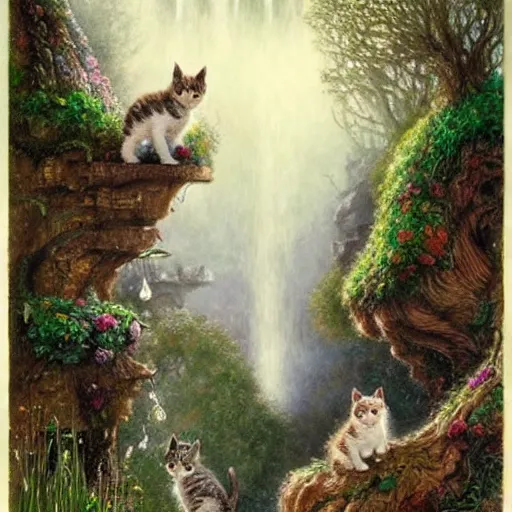 Prompt: two kittens in the enchanted forest stand on the steps and watch the waterfall, fantasy, intricate, extremely detailed, face enhance, matte, featured in artstation, art by louis wain, greg rutkowski