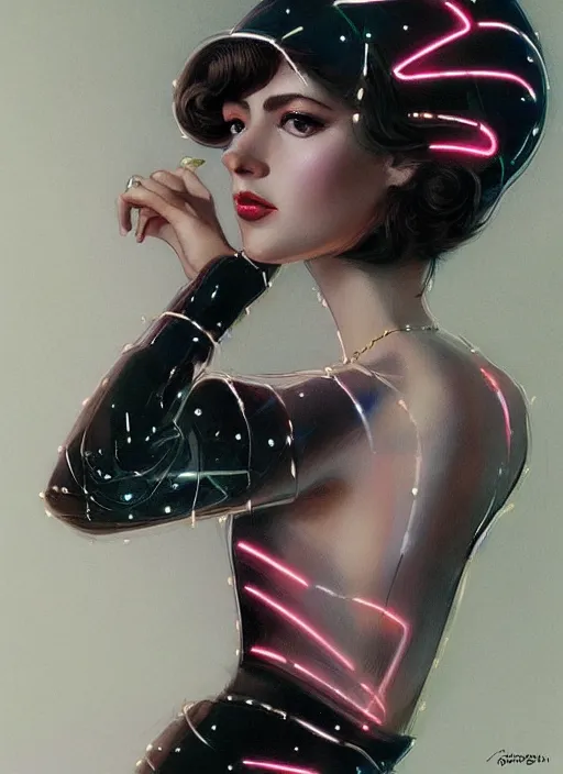 Image similar to photorealistic portrait of female humanoid, highly intricate, retro 6 0 s haute couture fashion, elegant, highly detailed, crispy quality and cyber neon light reflections, artstation, pinterest, glamor pose, no signature, no watermark, art by artgerm and greg rutkowski