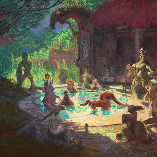 Prompt: Furry aristocrats relaxing at the hot springs outside of the grimdarkest dungeon. trending on Pixiv. trending on ArtStation. A vibrant digital oil painting. A highly detailed fantasy character illustration by Wayne Reynolds and Charles Monet and Gustave Dore and Carl Critchlow and Bram Sels